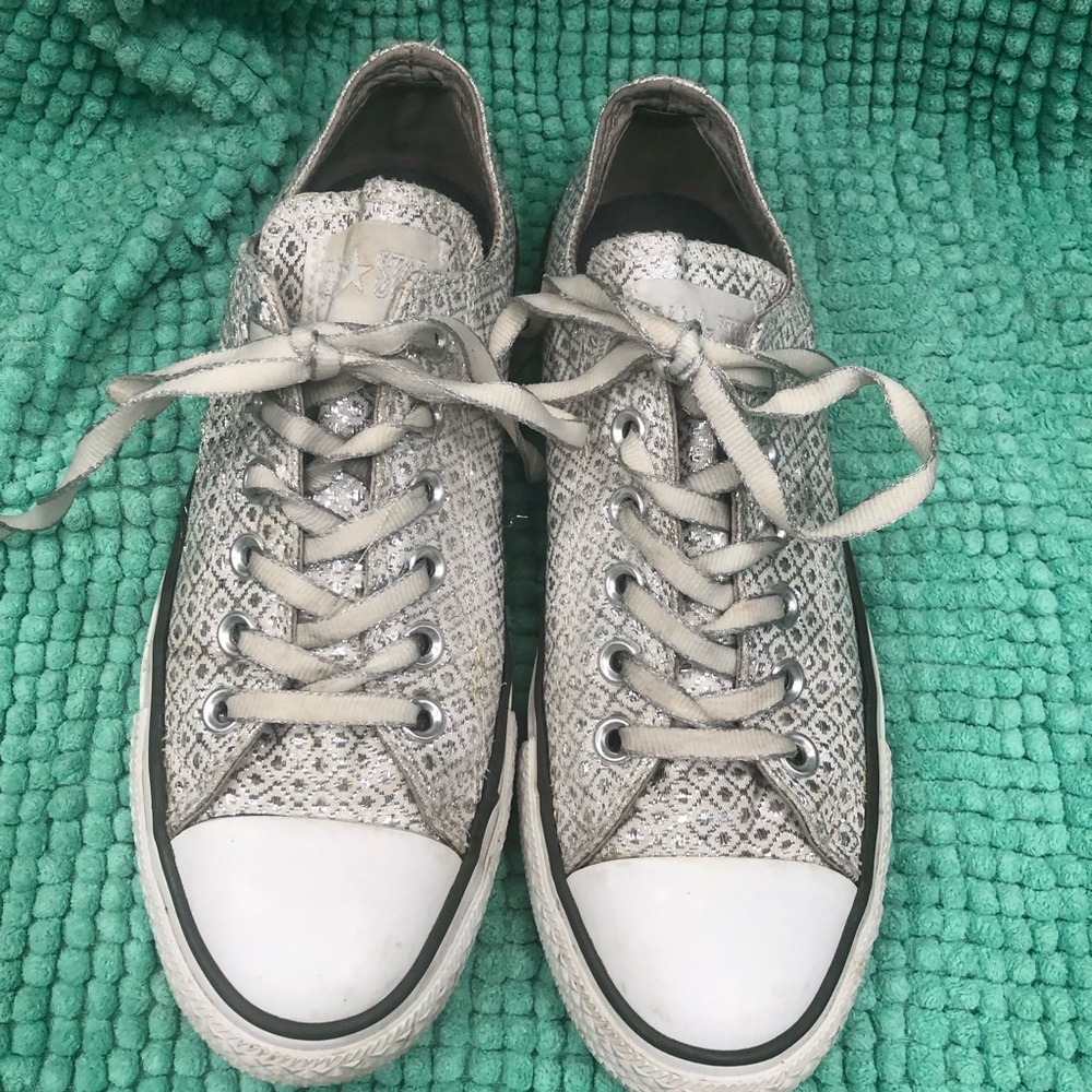 Metallic Silver Low-Top Lace-Up Sneakers